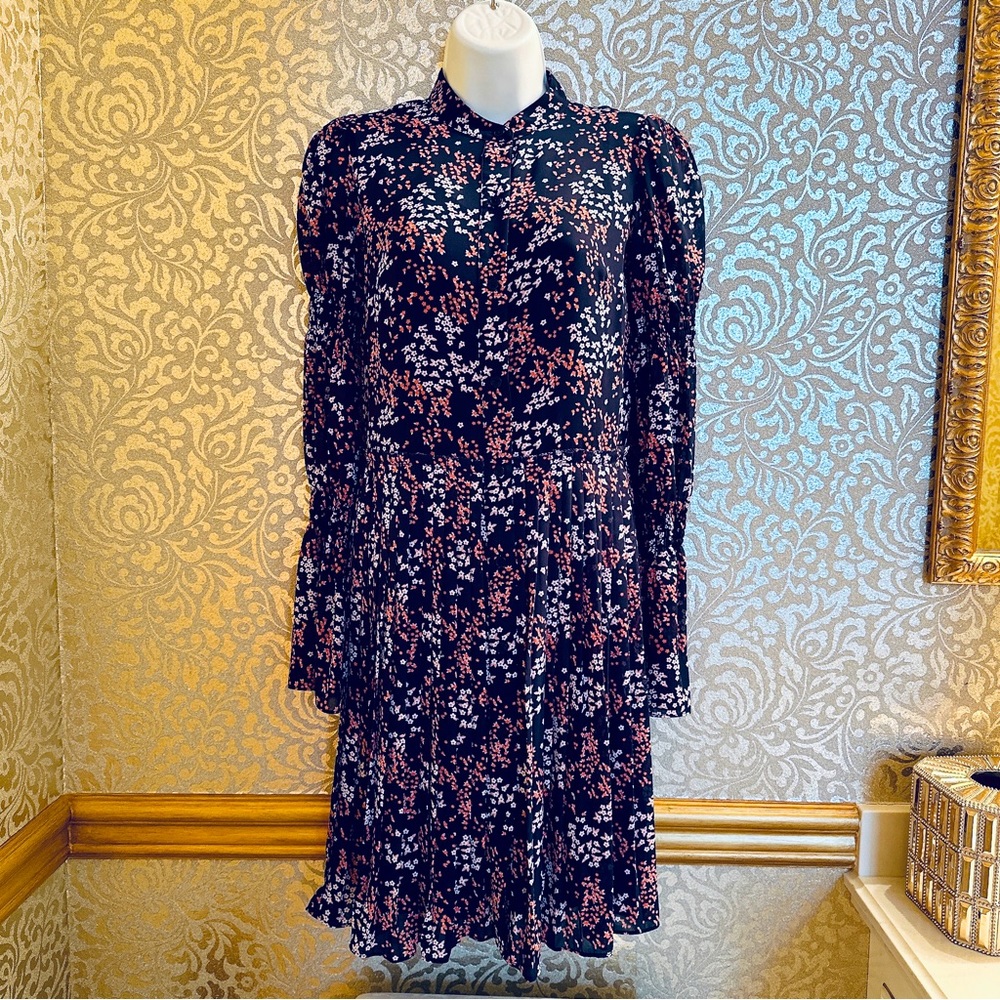 💙❤️MICHAEL KORS Navy rose pink floral sweetheart skirt chiffon mini Shirt Dress